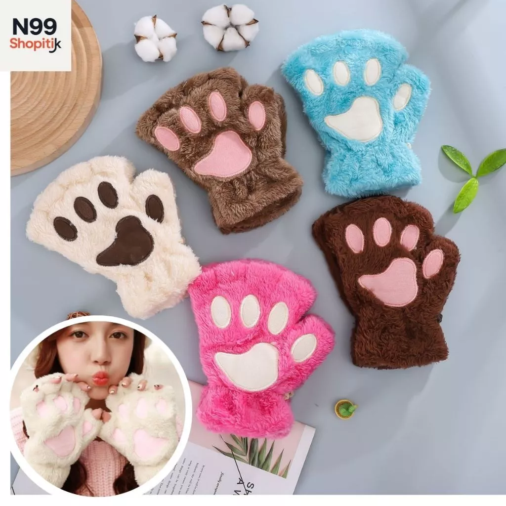 Găng tay hở ngón vải nhung lông dày dặn giữ ấm mùa đông hình đệm chân mèo gấu dễ thương có dây