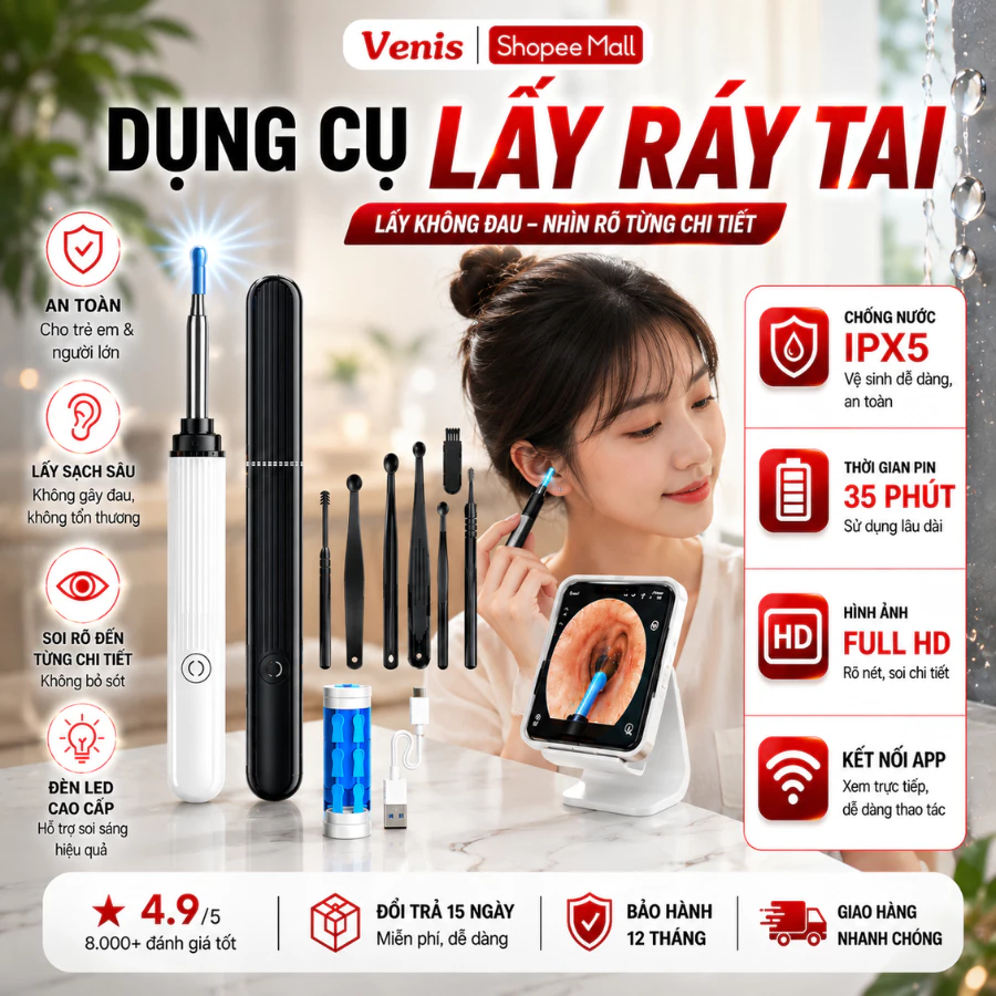 Bộ Dụng Cụ Lấy Ráy Tai Có Camera NE3 Pro Nội Soi Full HD Wifi, Kết Nối Điện Thoại, Pin Sạc