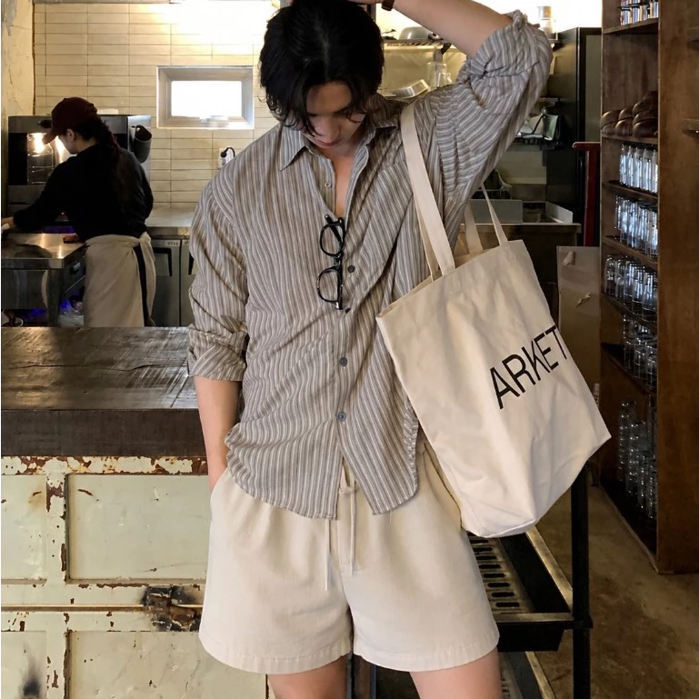 Set Đũi Linen Nam Mỏng Mát Sơ Mi Kẻ Sọc Dài Tay Phối Quần Shorts Linen Form Rộng Hàn Quốc Halley J80