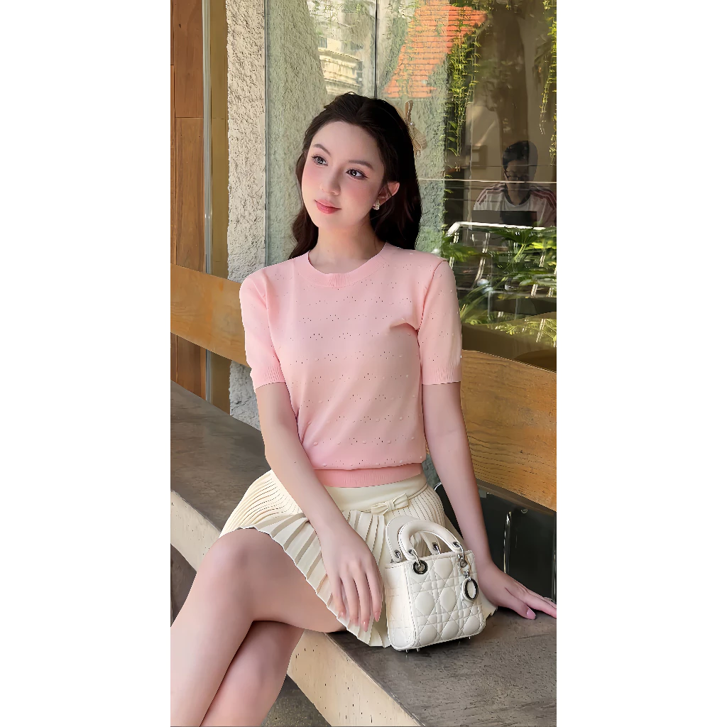 Áo Len Nữ Tay Ngắn Dệt Kim Họa Tiết Nổi Thiết Kế Độc Đáo, Phong Cách Hiện Đại, Phù Hợp Nhiều Dịp PL006 23Thang9