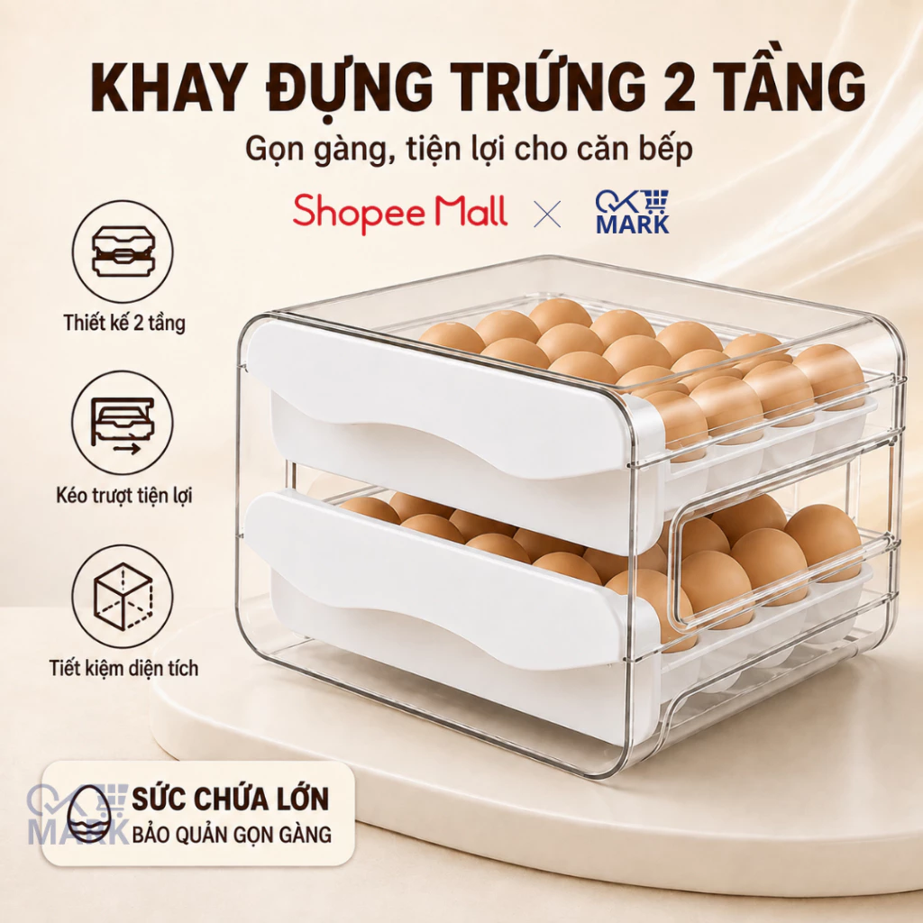 Khay Đựng Trứng DIDOOGLT, Hộp Bảo Quản Trứng 2 Tầng 32 Ô Nhựa PP, Có Nắp Ngăn Kéo Xếp Chồng Tiện Lợi