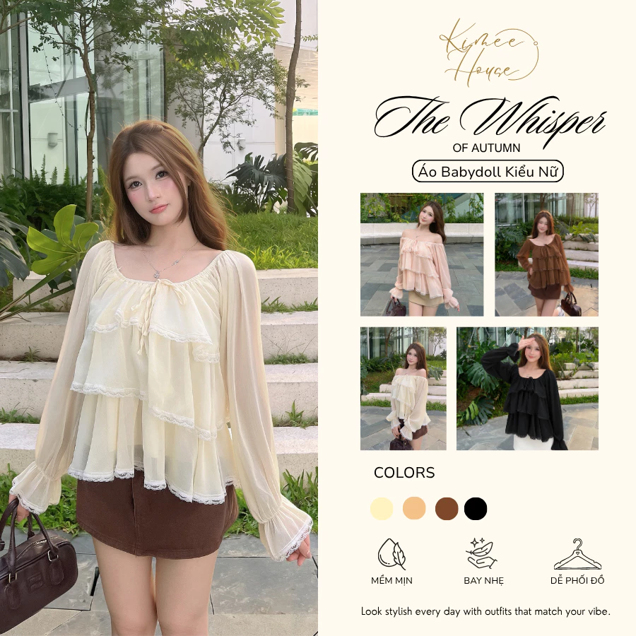 Áo Babydoll Kiểu Nữ Tay Dài Dáng Bồng Voan Tơ Chi Tiết Xếp Tầng Phối Ren Mùa Thu Kimee - KA958