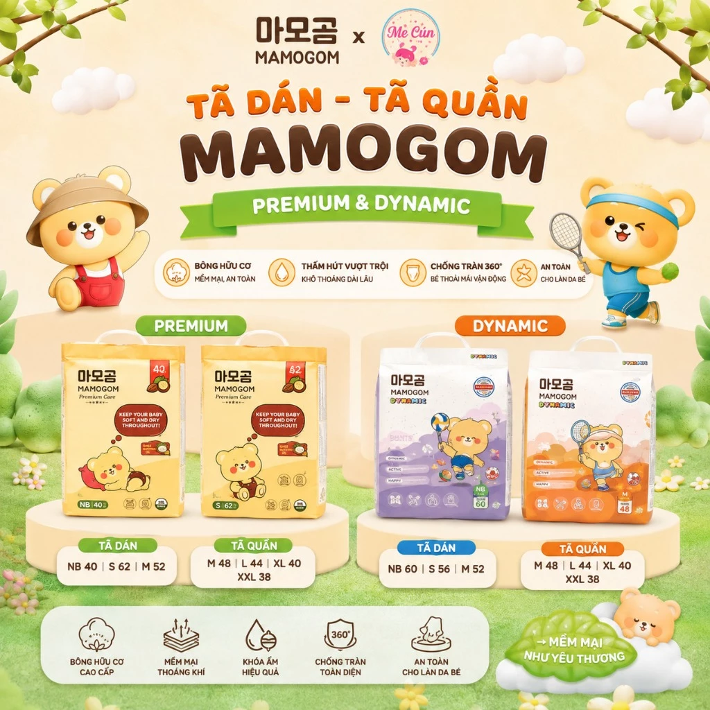 (CHÍNH HÃNG) Tã/bỉm Mamogom Premium, Dynamic Bông hữu cơ Hàn Quốc tã dán NB40, S62, M52, tã quần M48, L44, XL40, XXL38