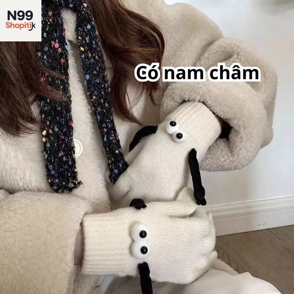 Găng Tay Len Cừu Hình Đôi Mắt To Hoạt Hình Màu Trắng Đen Sáng Tạo Thời Trang Thu Đông