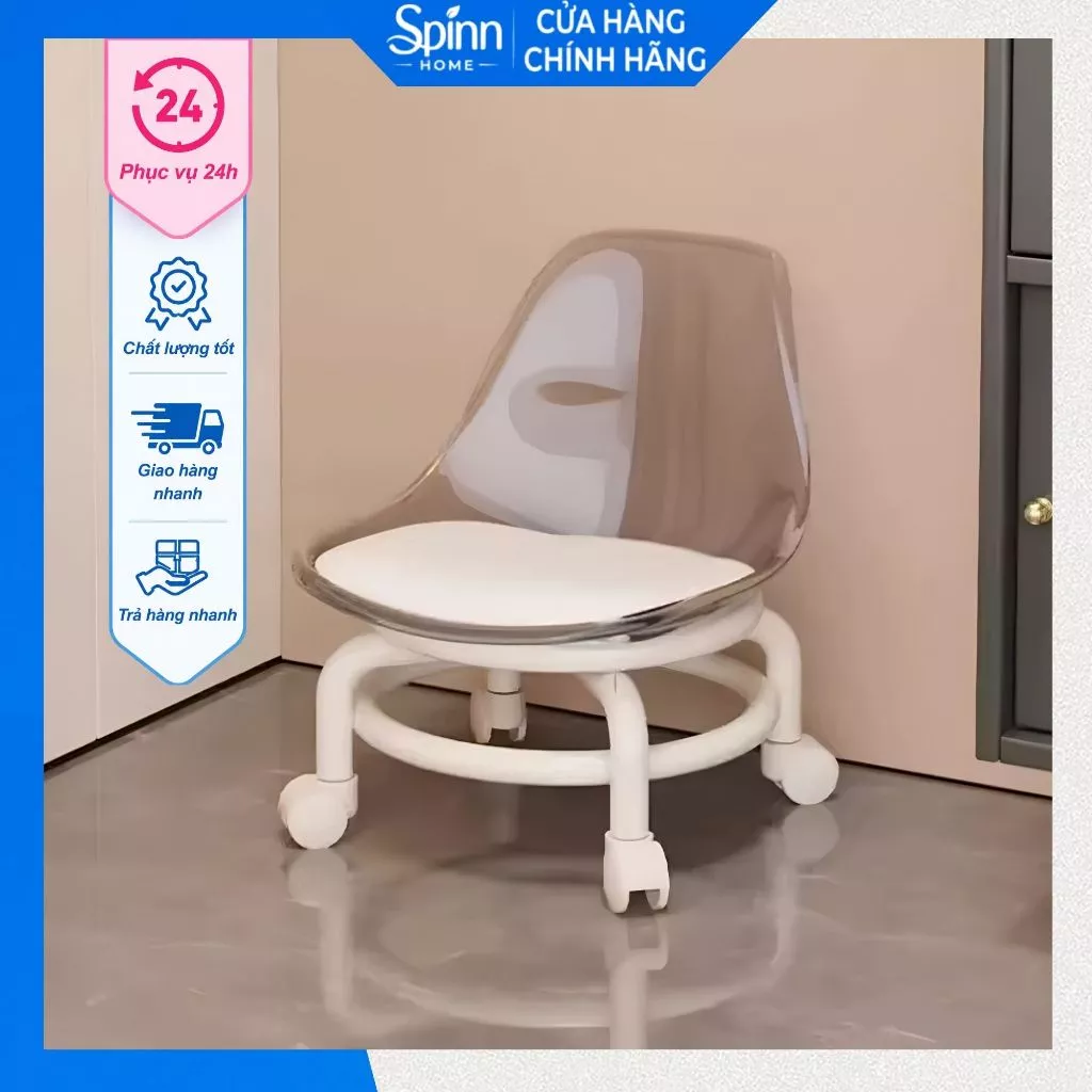 Ghế đẩu cho trẻ nhỏ có bánh xe kèm tựa lưng trong suốt, ghế đẩu cho bé chất liệu acrylic cao cấp