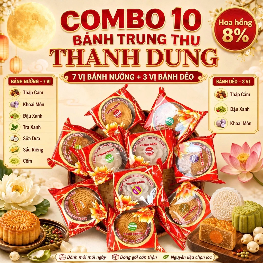 Combo 10 bánh ( tặng 1 bánh) trung thu cổ truyền thanh dung - tự chọn vị