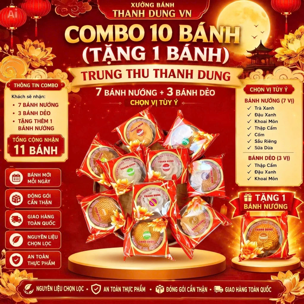 Combo 10 ( TẶNG THÊM 1 BÁNH) bánh trung thu truyền thống thanh dung 160g 7 vị - Mix vị