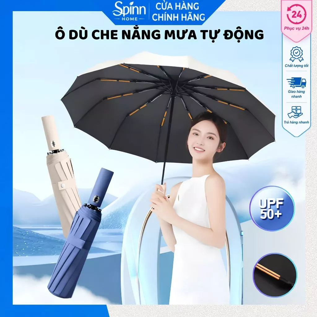 Ô dù che mưa che nắng dù 20 nan 2 lớp mở tự động gấp gọn, dù che mưa có nút đóng mở thông minh