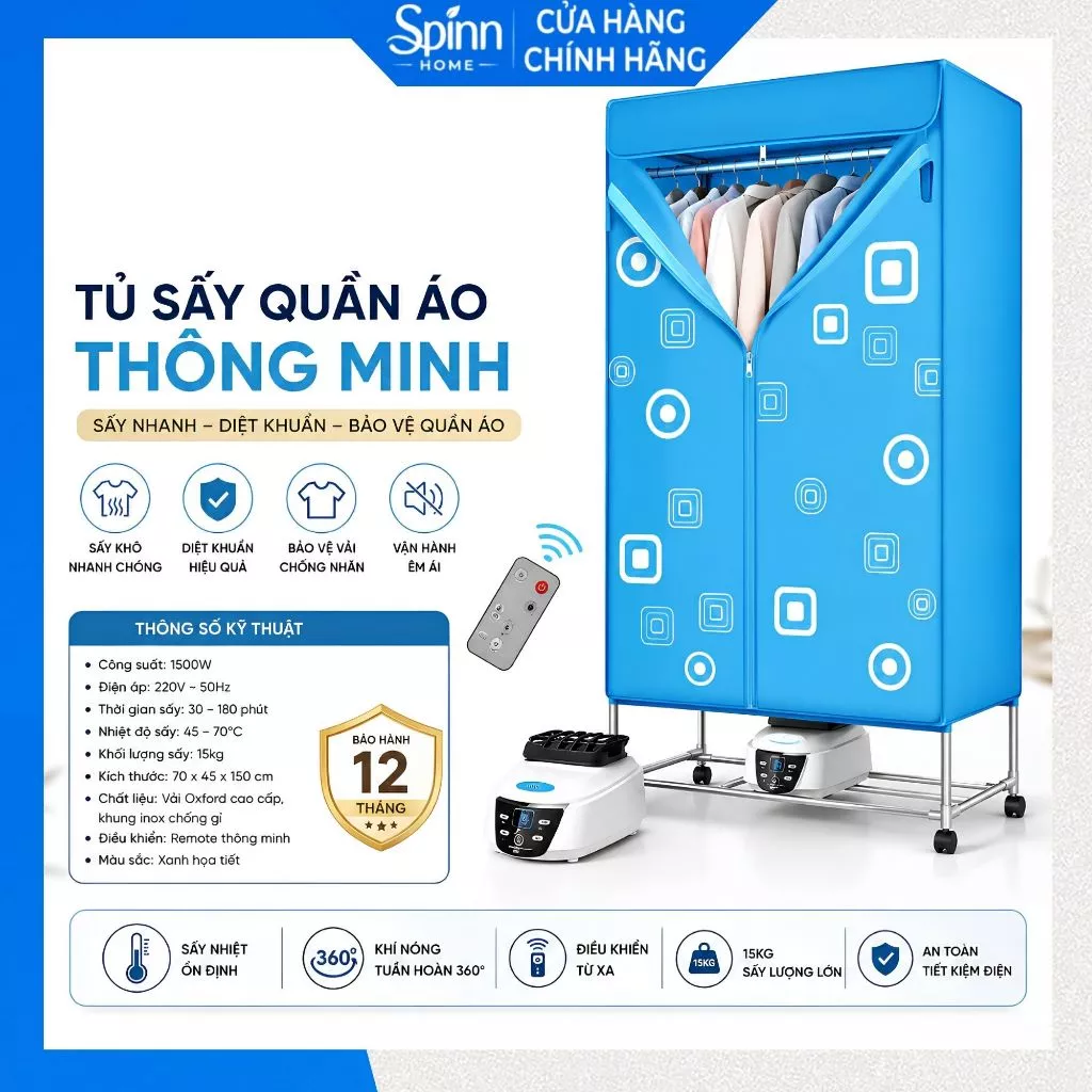 Tủ sấy quần áo có điều khiển từ xa khung inox chắc chắn, tủ sấy khô quần áo an toàn không gây ồn