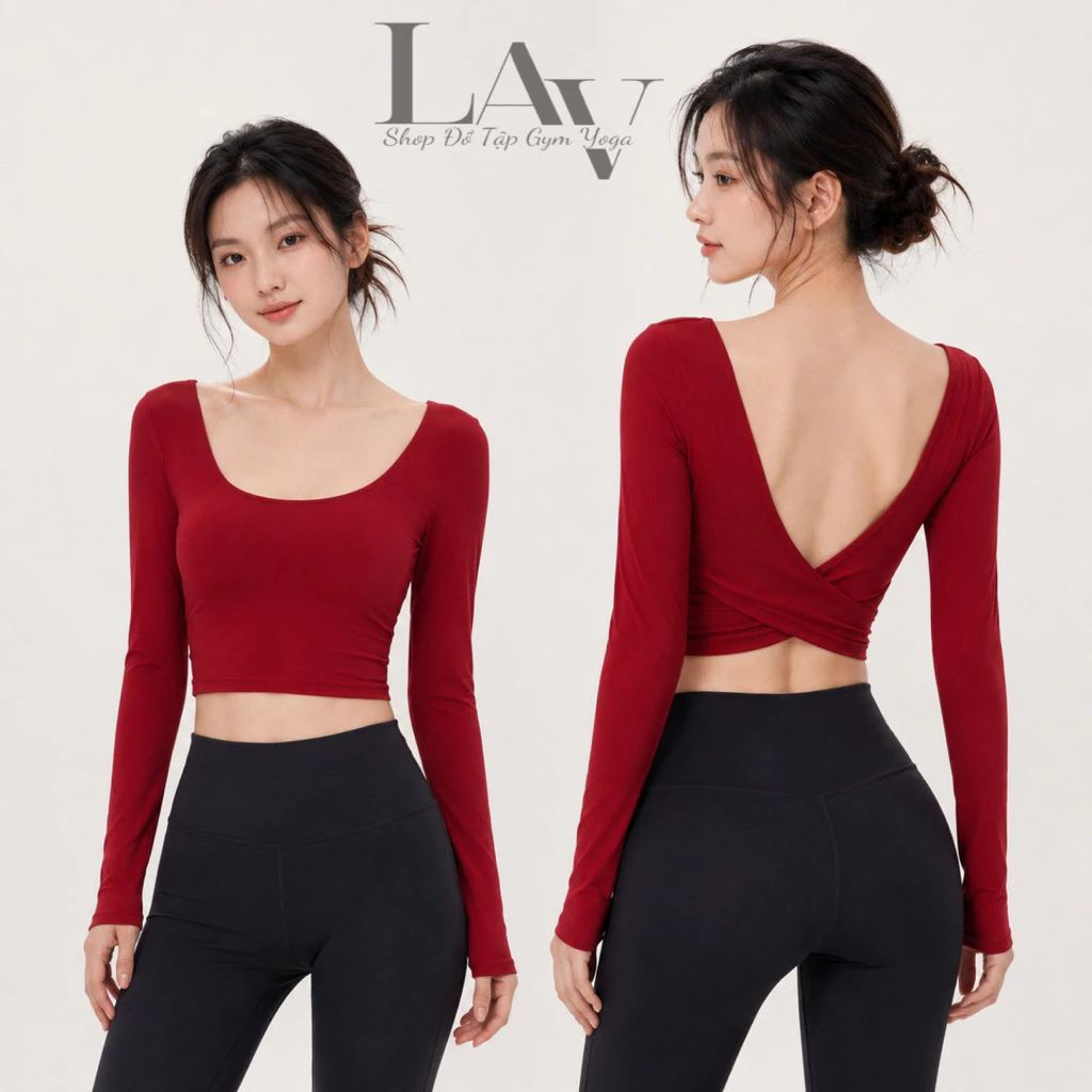 Áo dài tay hở lưng tập yoga, pilates, thiết kế lưng V mút đệm liền áo - LAV Activewear/CX214