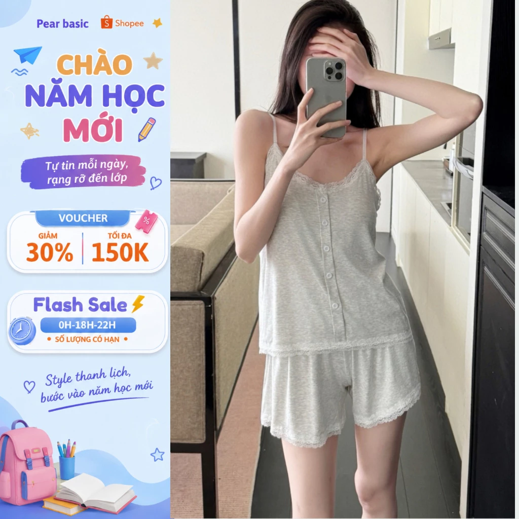[ BST HÈ 2026 ] Bộ Ngủ Nữ Pyjama chất cotton mềm mại thoáng mát, Set Quần Áo 2 Dây Viền Ren Quyến Rũ Mặc Ở Nhà SB016