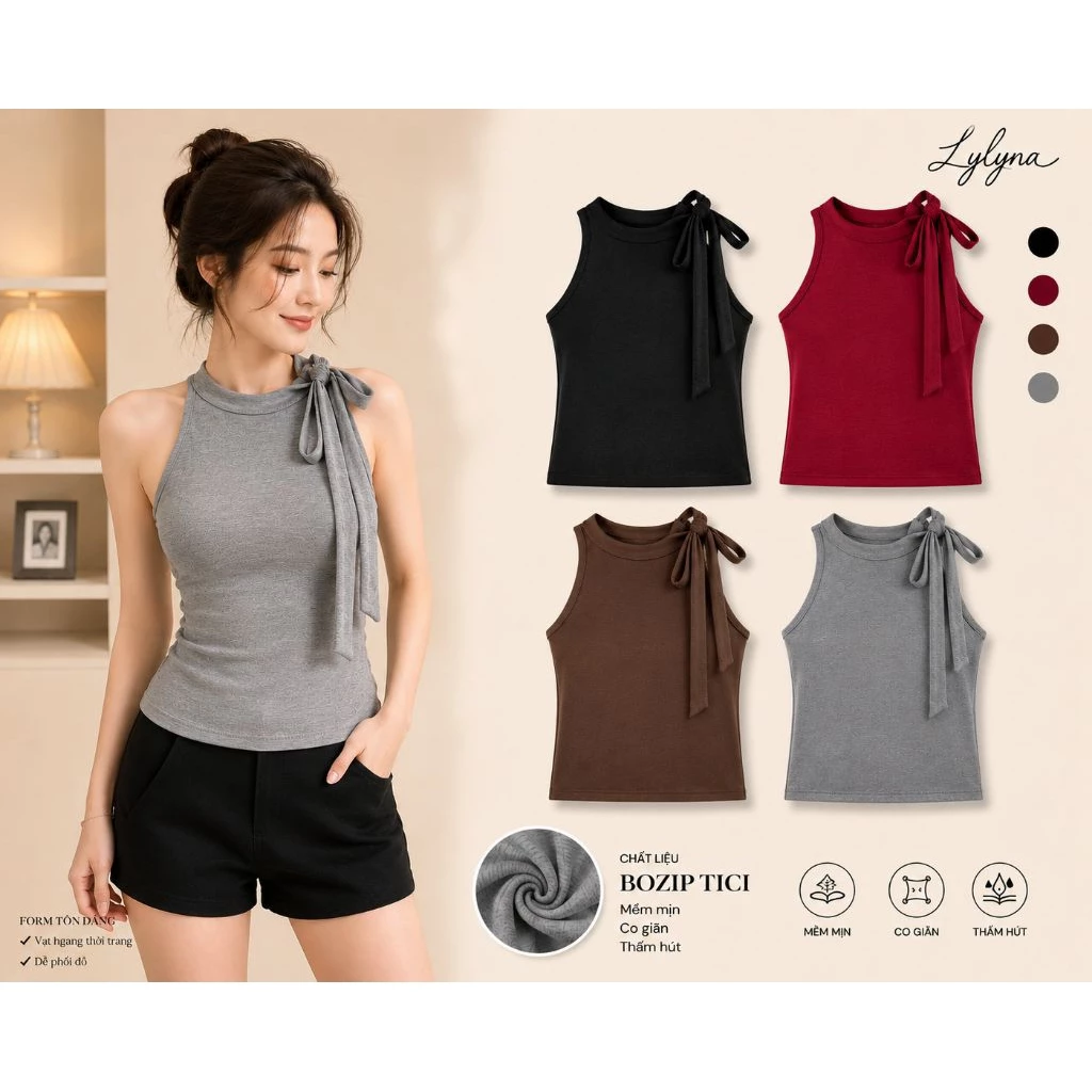 Áo cổ yếm buộc nơ xinh xắn, áo cổ yếm thắt nơ -LYLYNA A50