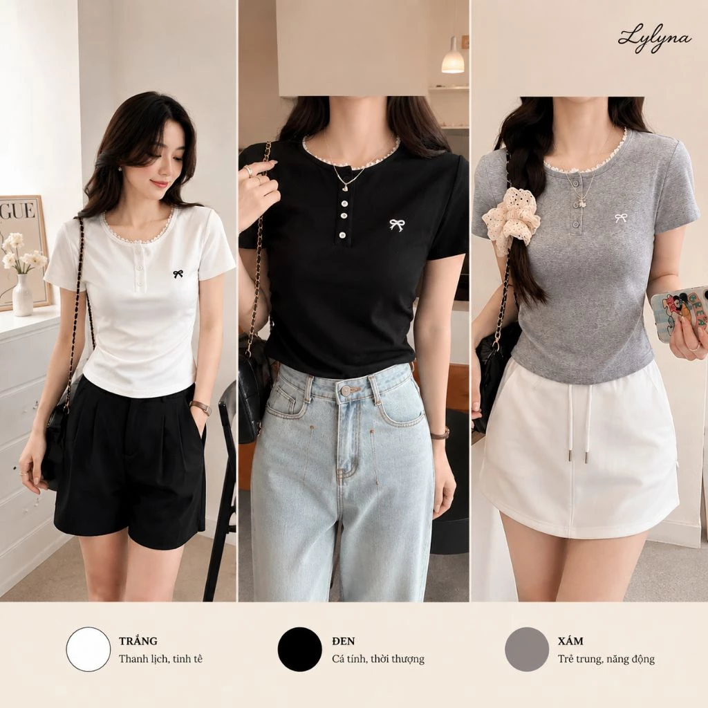 Áo thun tay ngắn thiêu nơ nút thật nhúm hai bên ôm gọn tôn dáng phong cách hàn quốc -LYLYNA A037