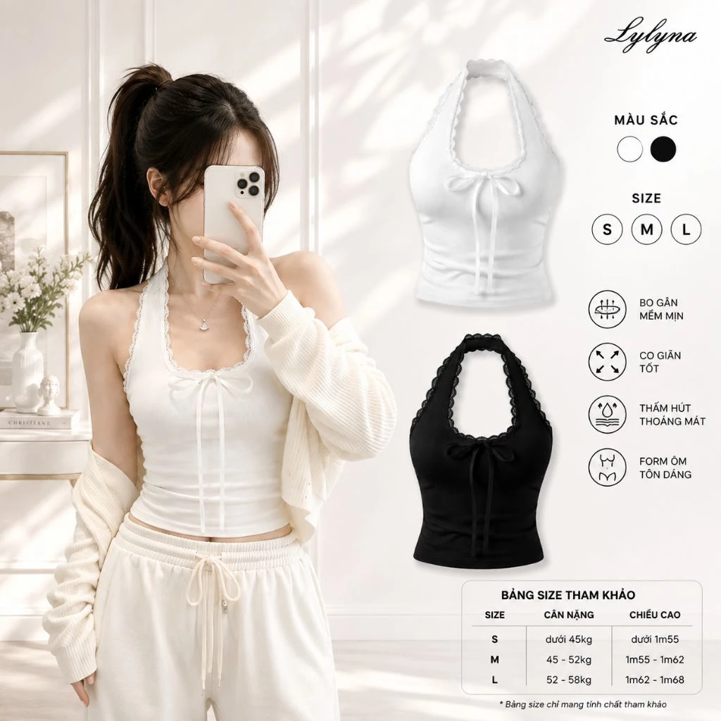 (Sẵn số lượng) Áo Croptop nữ cổ yếm đính nơ xinh xắn, phong cách hàn quốc, áo cổ yếm hở lưng -LYLYNA A40