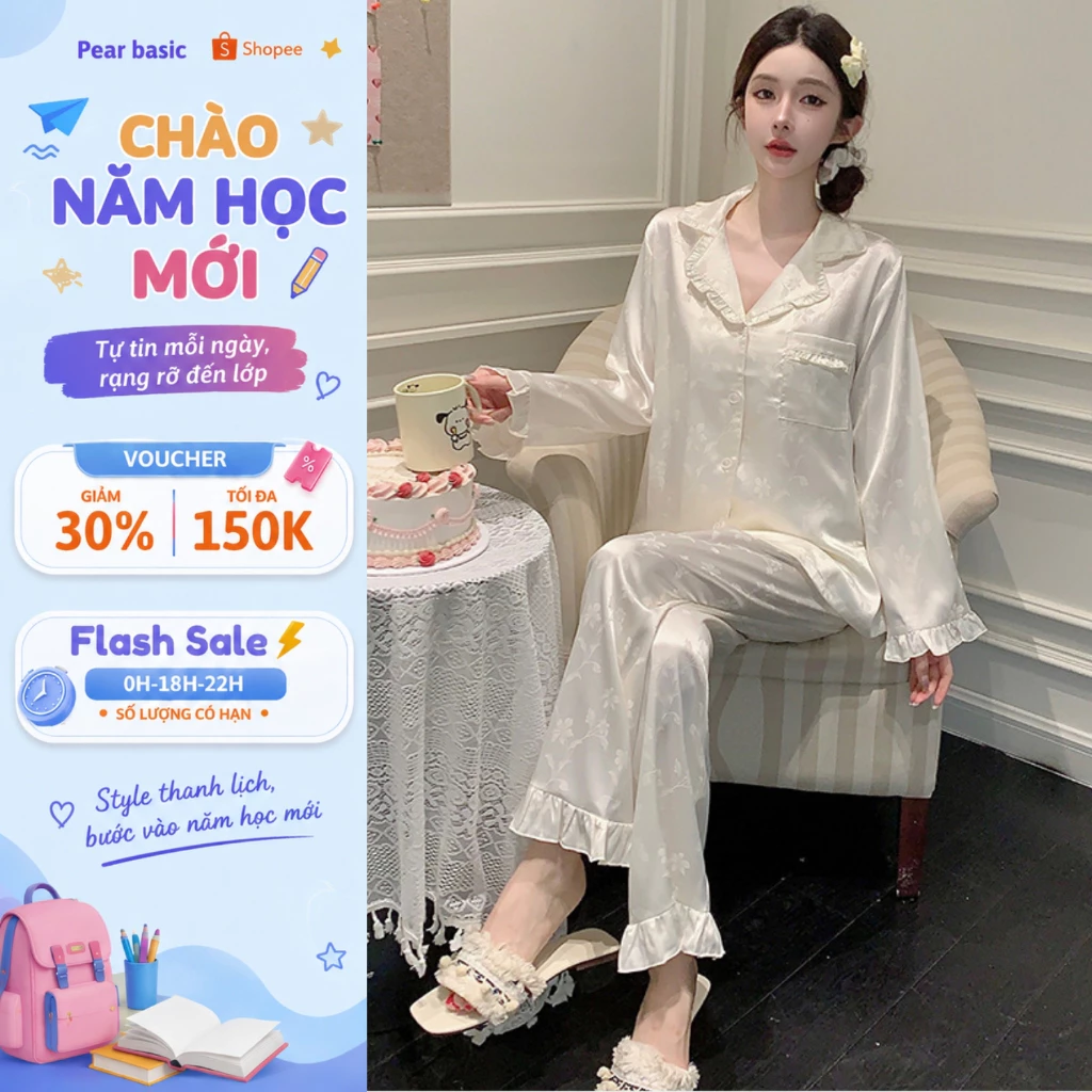Bộ Mặc Nhà PEAR, Bộ Ngủ Lụa Gấm, Piijama Hoạ Tiết Hoa Form Rộng Cao Cấp B40