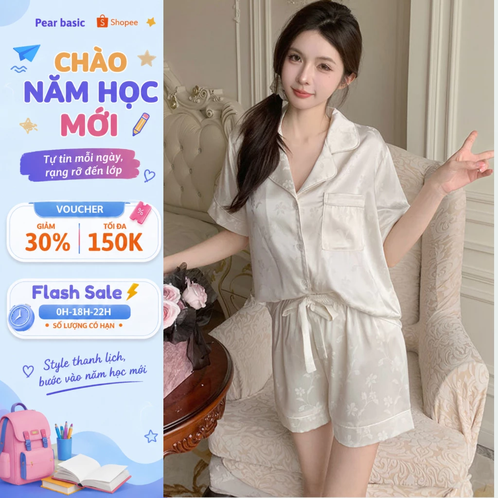 Bộ ngủ pyjama chất lụa phối ren gợi cảm, Set ngủ quần đùi, áo cộc tay cúc cài thoáng mát