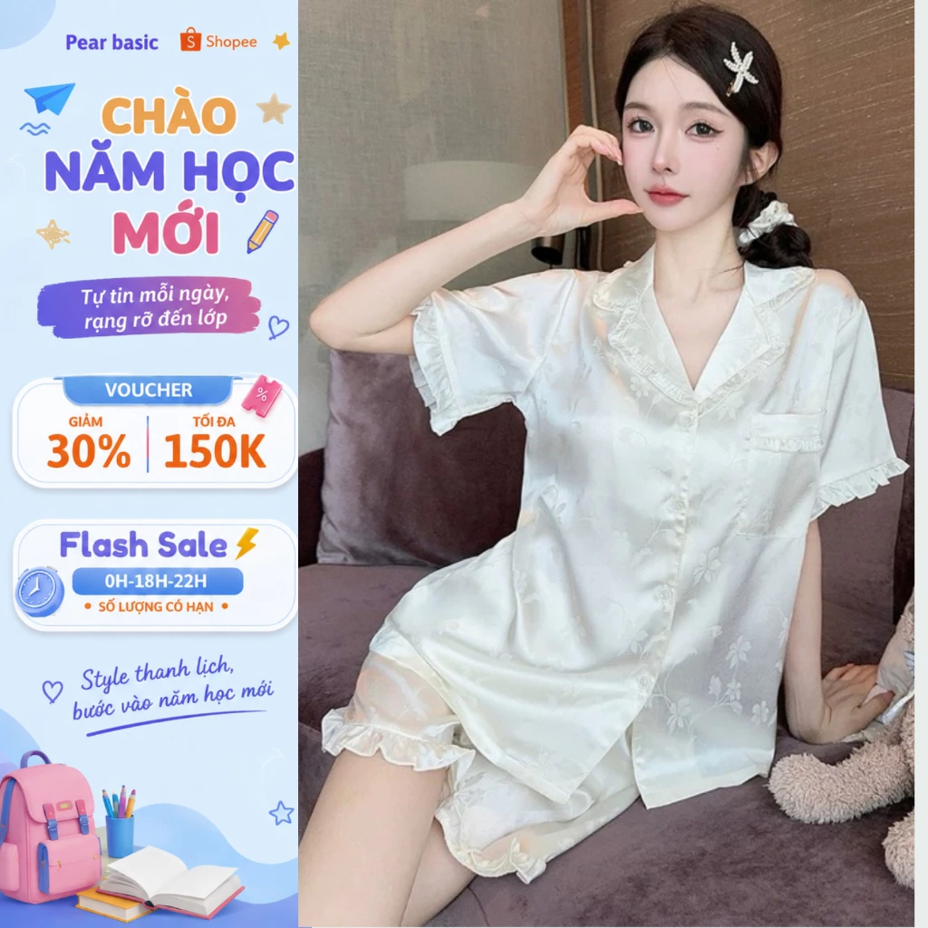 [ DEAL HÈ ] Set đồ ngủ cộc tay chất lụa satin mát mịn - Bộ ngủ nữ cộc tay màu trơn họa tiết tinh tế SB02