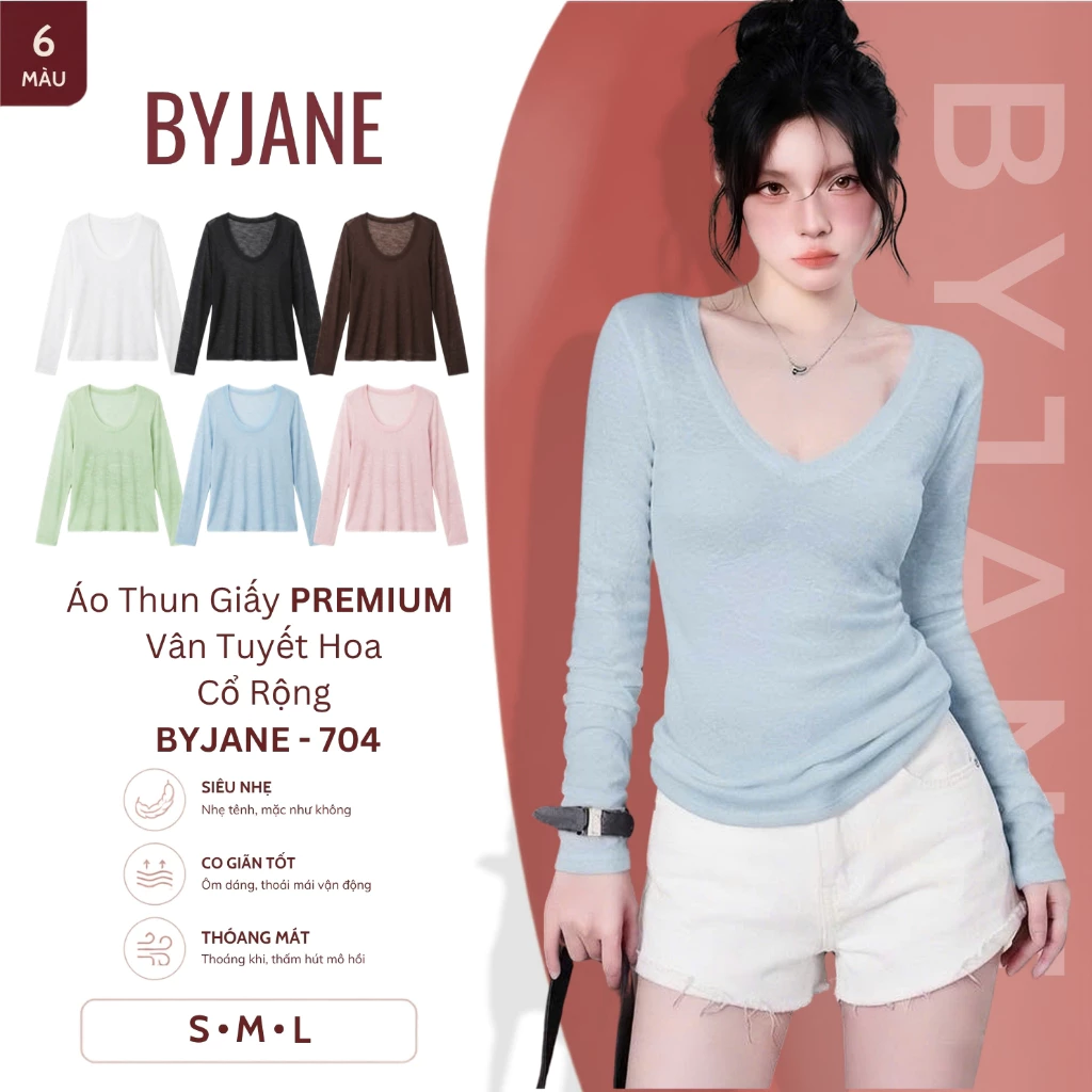[ MỞ BÁN - PREMIUM ] Áo Thun Giấy Premium Vân Tuyết Hoa Cổ Rộng Nữ Thời Trang Ôm Dáng BYJANE - 704