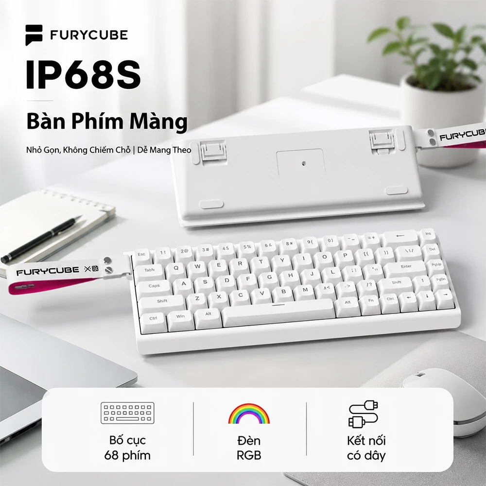 Bàn Phím Màng FURYCUBE IP68S, RGB Membrane, Layout 65% 68 Phím, Keycap PBT, Gõ êm, Cho Văn Phòng