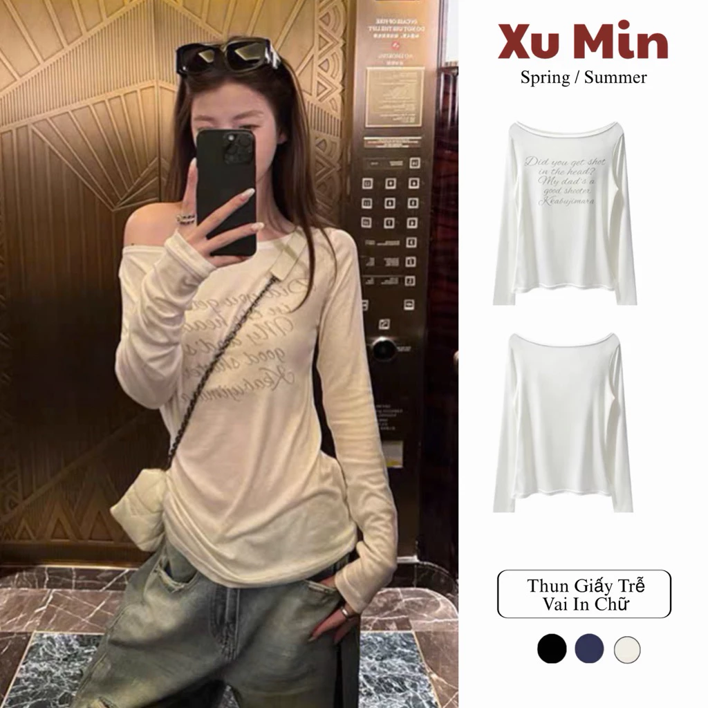 Áo Thun Giấy Trẻ Vai In Chữ Phong Cách Thời Trang Hiện Đại ( Thun Giấy Dài Tay In Chữ )