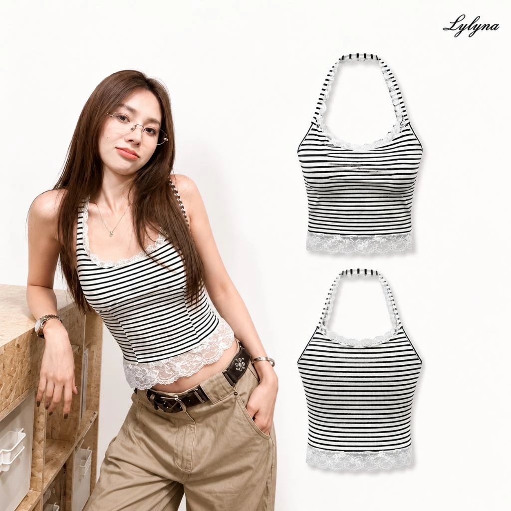 LYLYNA Áo cổ yếm hở lưng phối viền ren, áo cổ yếm sọc ôm èo 053
