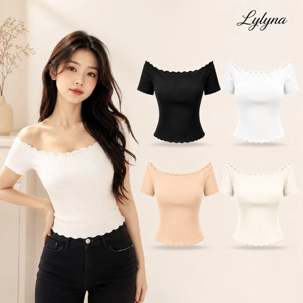 (XẢ KHO MẪU HÈ) Áo trễ vai tay ngắn cuốn biên, Áo trễ vai chất bo gân mềm mịn - LYLYNA 020