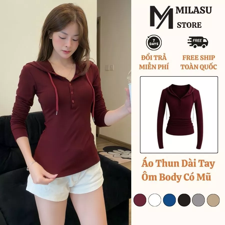 Áo Thun Dài Tay Ôm Body Có Mũ MILASU Áo Nỉ Dài Tay Co Dãn Mềm Mịn 432