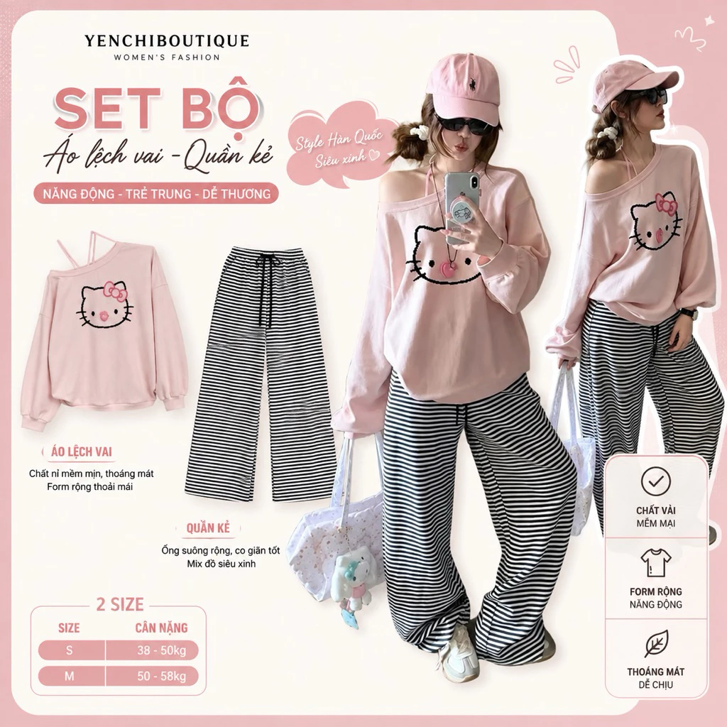 Set BỘ KITTY HỒNG QUẦN KẺ NỮ. Bộ Đồ Dài Tay From Rộng Dễ Thương