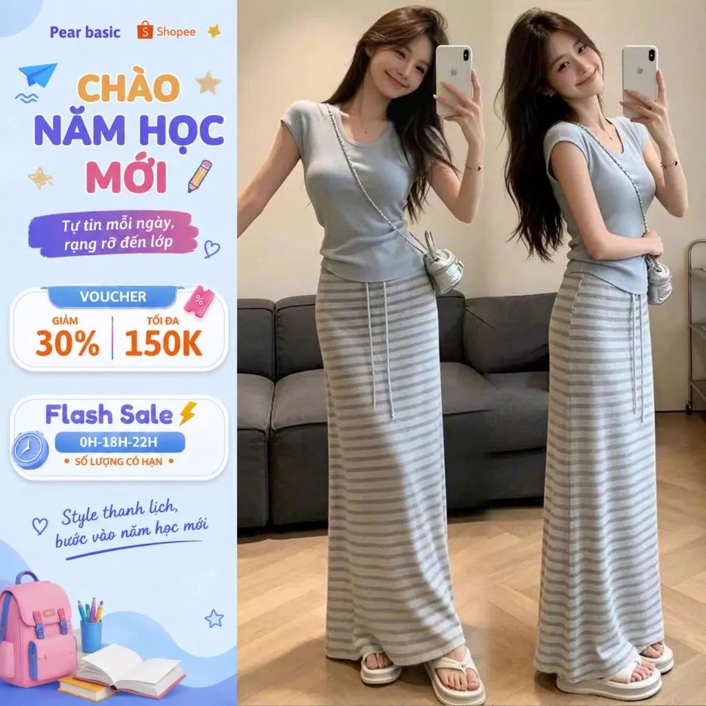 Chân Váy Chữ A Chất Thun Mềm Mại Thoáng Mát, Váy Nữ Dáng Dài hoạ Tiết Kẻ Sọc Cá Tính VM02