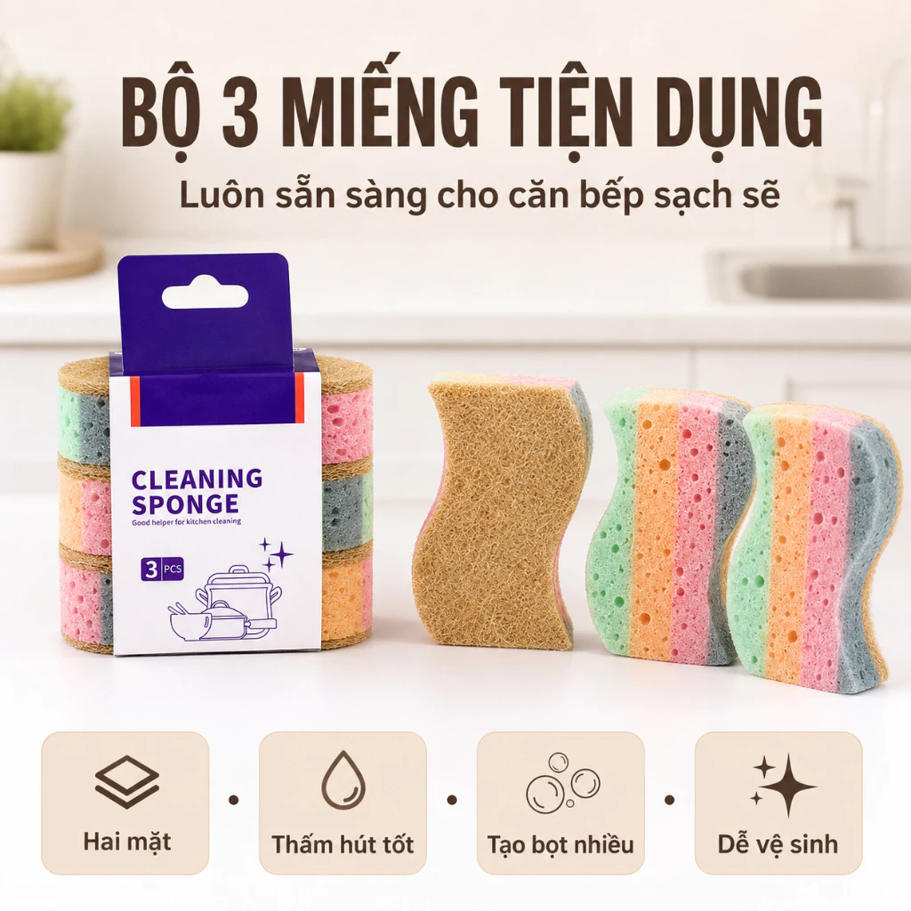 Bọt Biển, Miếng Rửa Chén, Miếng Xốp Lau Chùi Đa Năng - An Toàn - Chống Mùi - Ngăn Nắp
