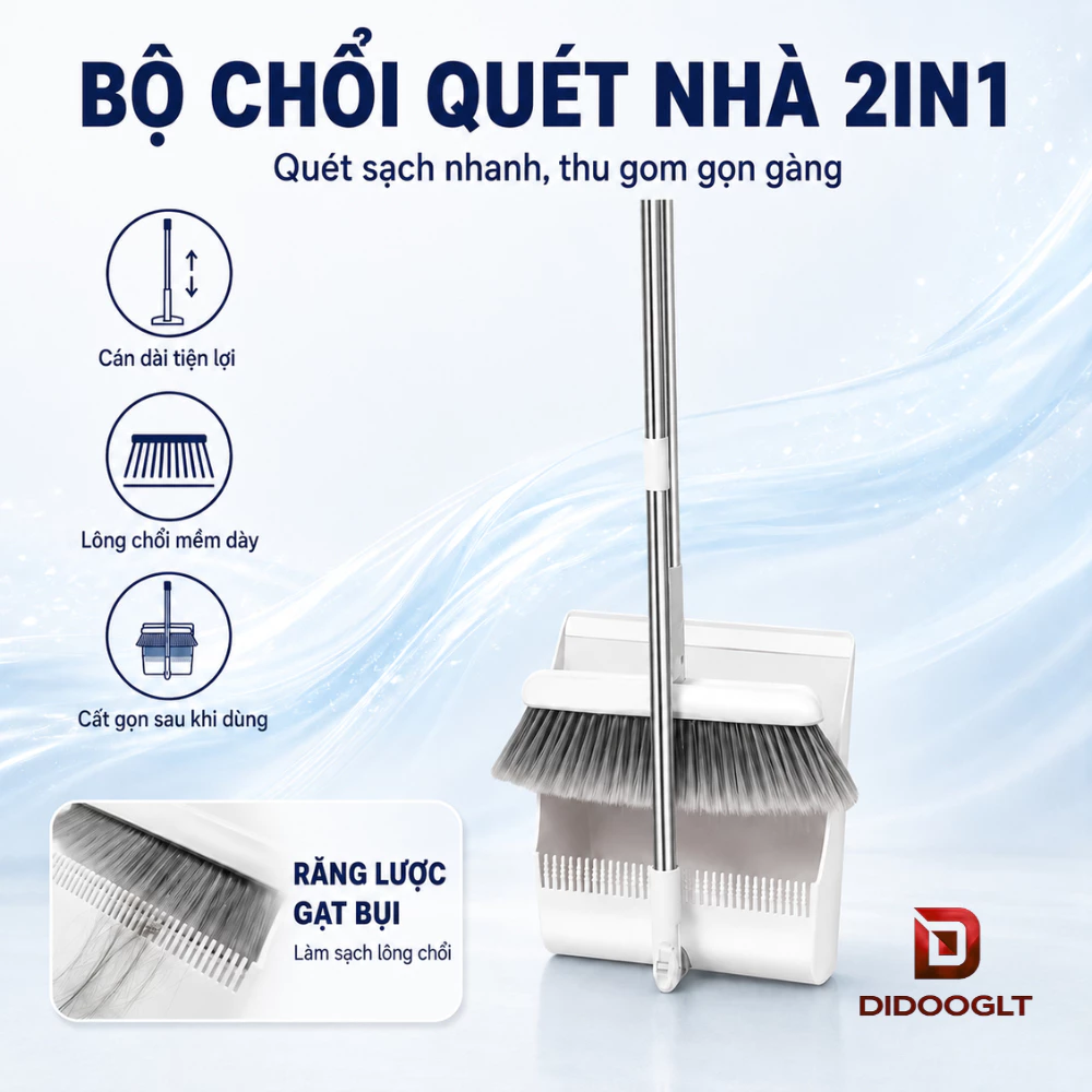Chổi Quét Nhà Thông Minh 2in1 Kèm Hót Rác Cán Dài, Đầu Xoay 180°, Gấp Gọn Tiện Lợi (Didooglt)