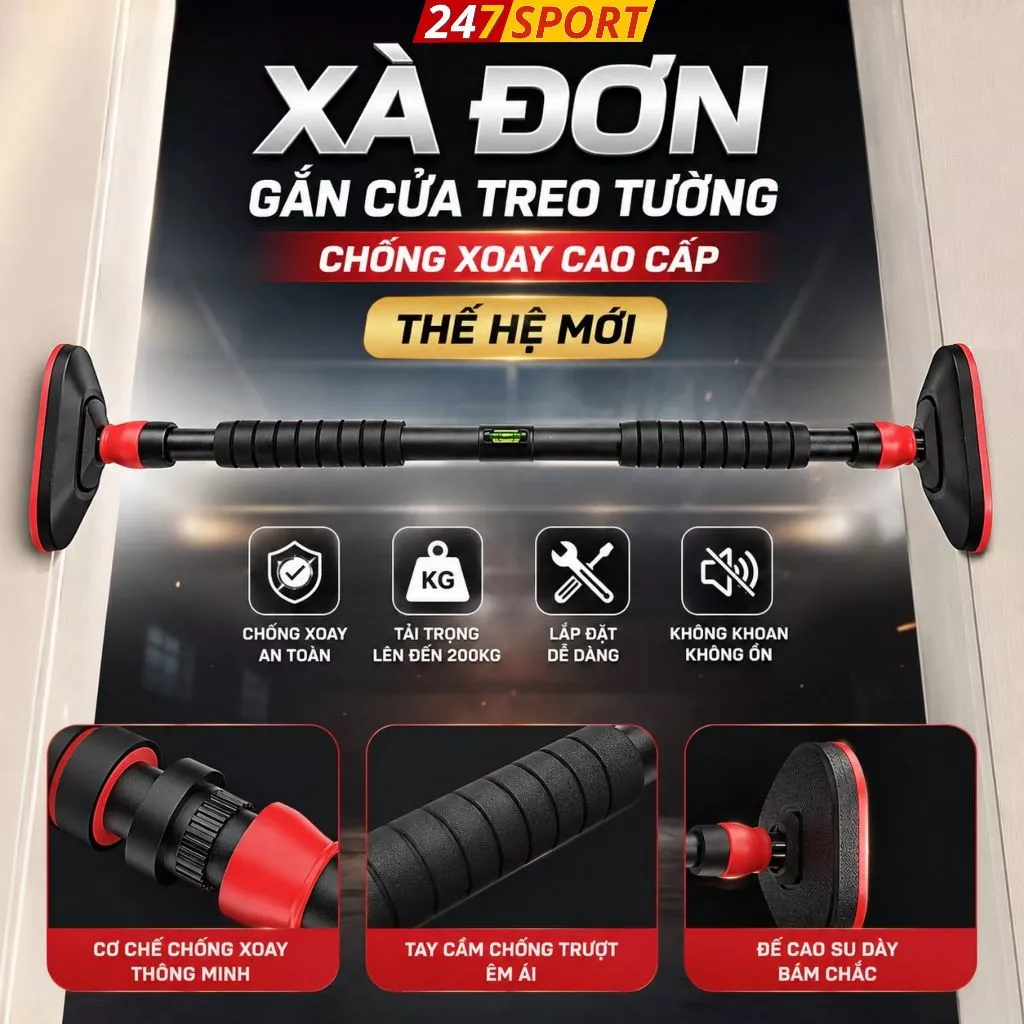 247SPORT_HN Xà đơn gắn cửa treo tường chống xoay 70-130cm thép không dỉ cao cấp tháo lắp tiện lợi