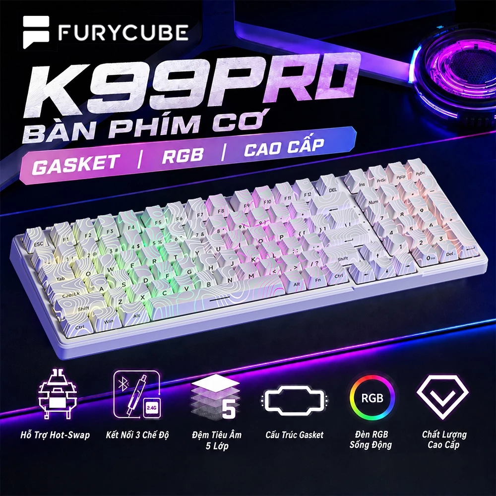 Bàn Phím Cơ Không Dây Bluetooth Furycube K99PRO Gaming LED RGB, Gasket Giảm Ồn, Hotswap, PBT Keycap