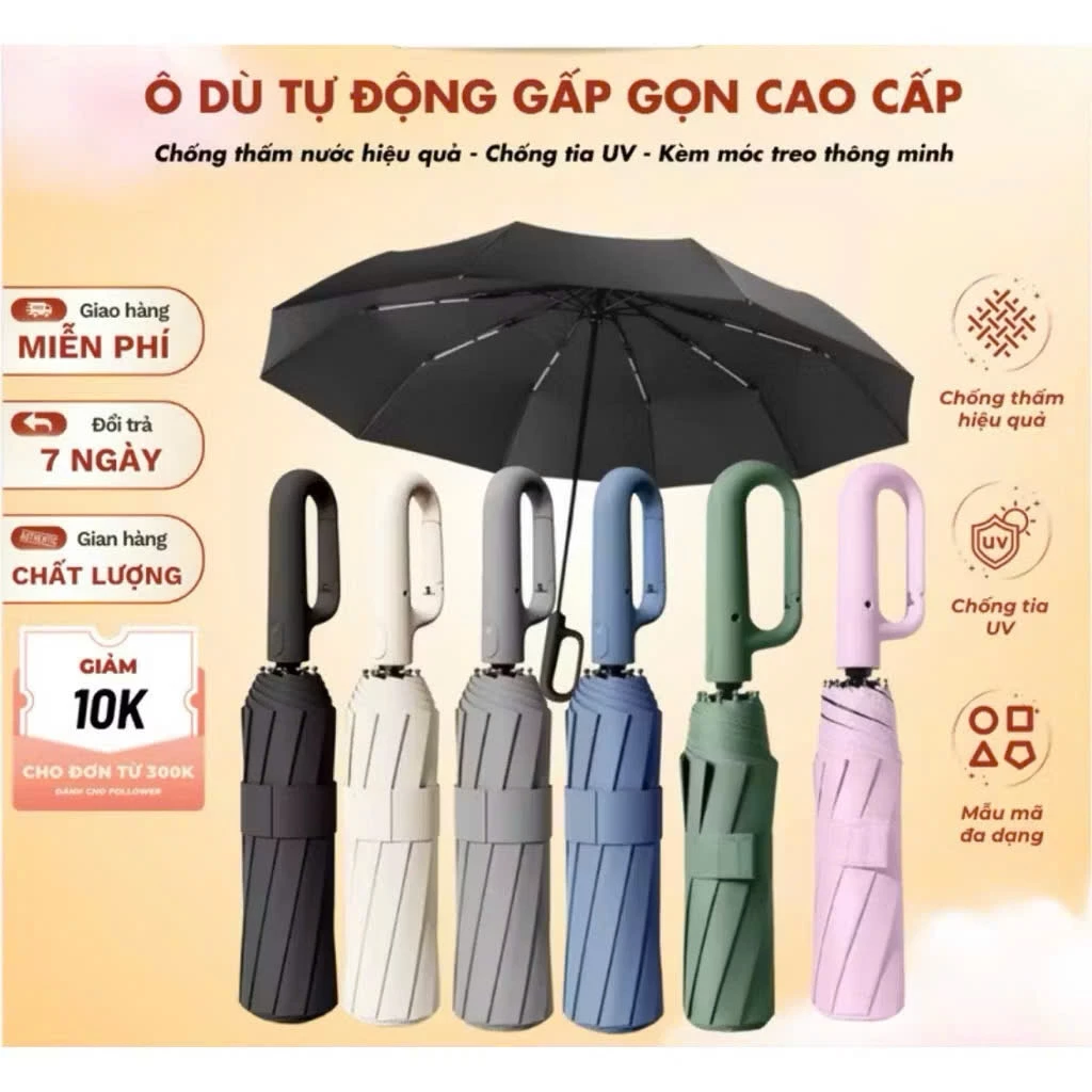 Ô dù tự động, tự động mở và đóng, che nắng và che mưa, tiện lợi, chịu được gió và có khung chắc chắn.