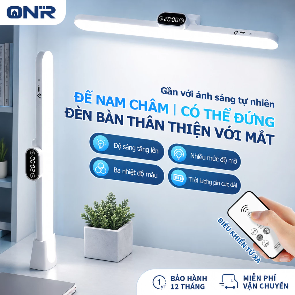 ONR-Đèn Học LED Tích Điện 42cm Để Bàn Gắn Tường, 3 Màu, Tăng Giảm Sáng