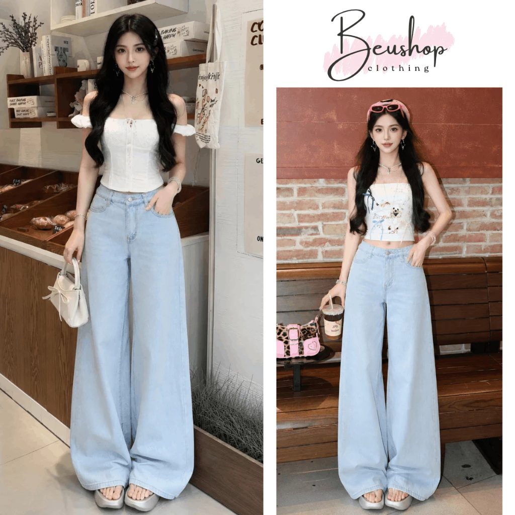 [Deal Mới ] Quần Jean Nữ Suông Ống Rộng Dài 95-100CM Lưng Cao Dáng Dài Chất Jean Denim Mềm Ôm Eo Tôn Dáng Hack Chân