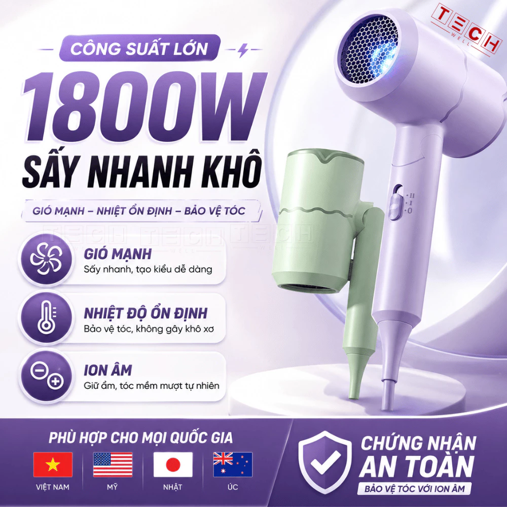 Máy Sấy Tóc Gấp Gọn 1600W, Sấy Nóng Lạnh 2 Chiều, Công Nghệ Ion Bóng Mượt, An Toàn Cho Gia Đình
