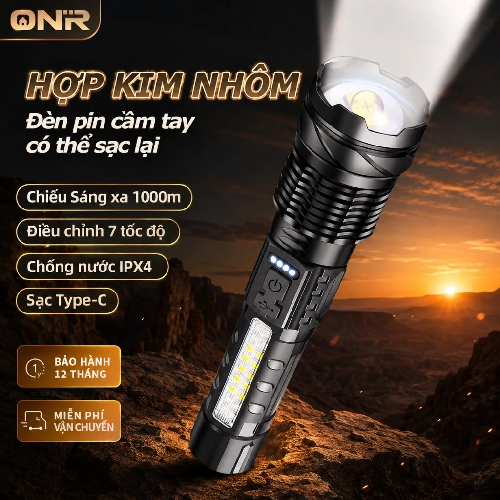 ONR-Đèn Pin Cầm Tay Mini, Đèn Pin Cầm Tay Siêu Sáng, Tiện Mang Theo, Sạc Type-C, Chống Nước