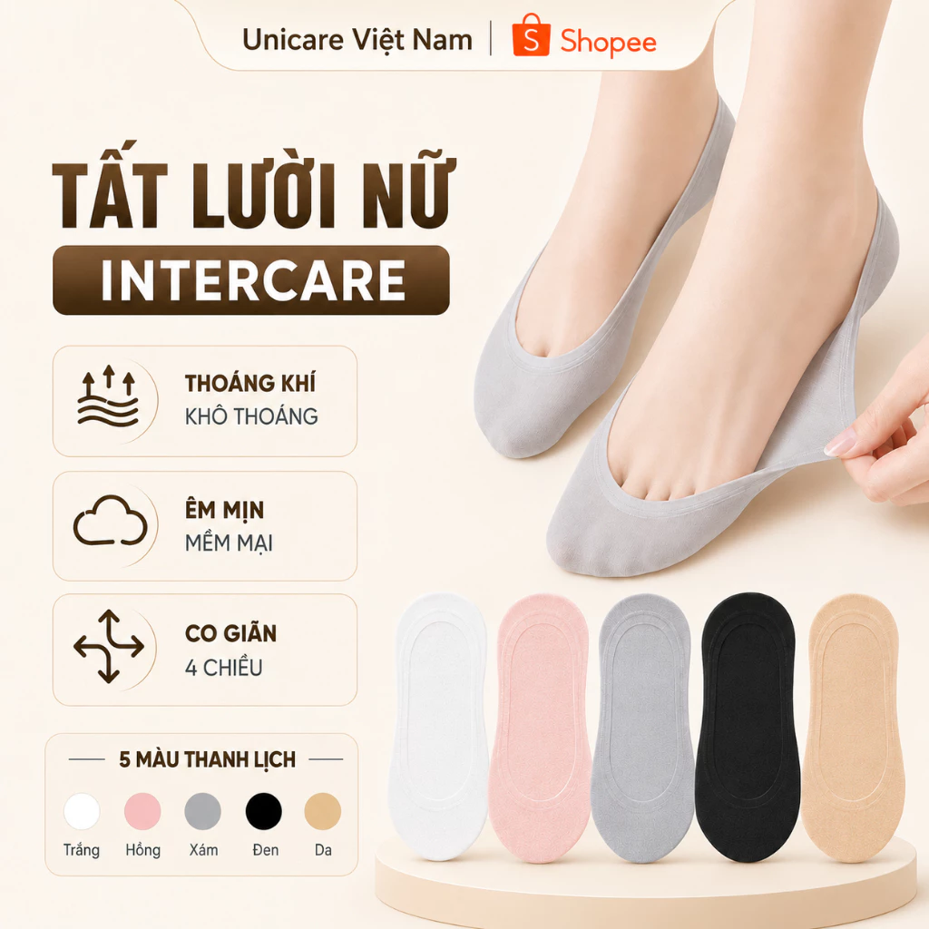 Tất lười nữ chống tuột gót Intercare, vớ tàng hình mang giày lười, chất liệu thoáng khí êm ái