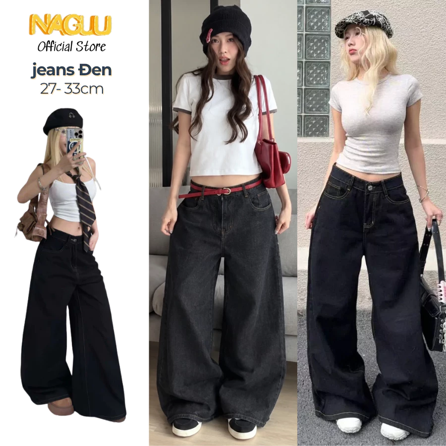 Quần Jeans Dáng Suông Ống Rộng Màu Đen Basic NAGUU, Chất Liệu Dày Dặn Lên Form Tôn Dáng Sang Chảnh