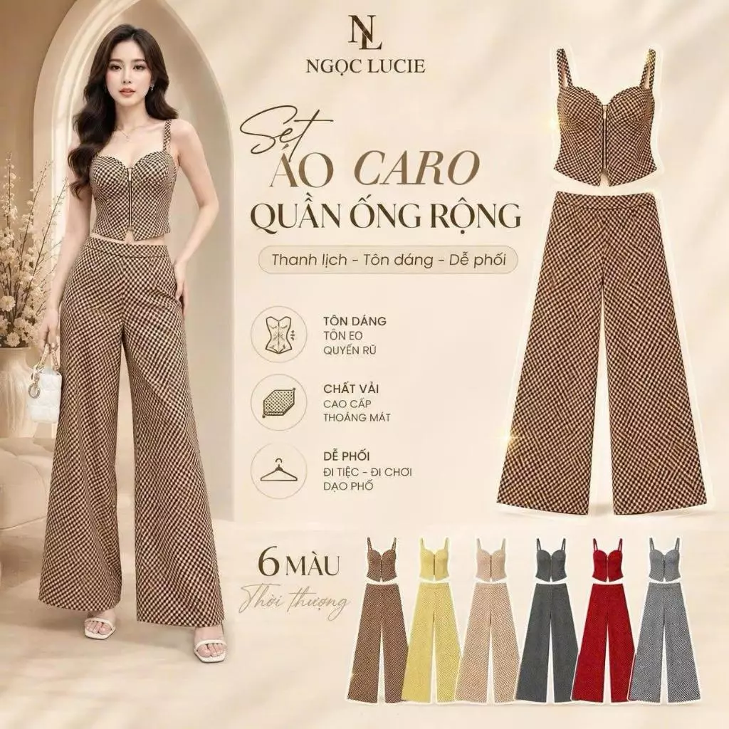 S362 - Set Áo Caro Khóa Kéo Quần Ống Rộng Tôn Dáng Thanh Lịch Ngọc Lucie