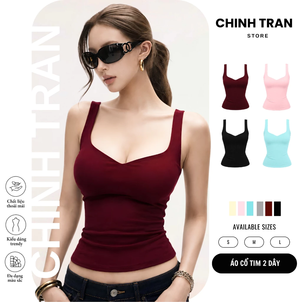 [2 LỚP] Áo Thun 2 Dây Bản To Cổ Tim Ôm Body Basic Quyến Rũ - CHINH TRAN STORE