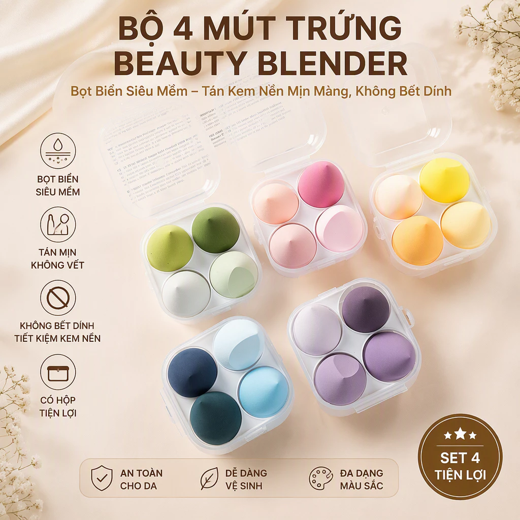 Bộ 4 Mút Trang Điểm Ướt Và Khô Tiện Lợi Chất Lượng Cao