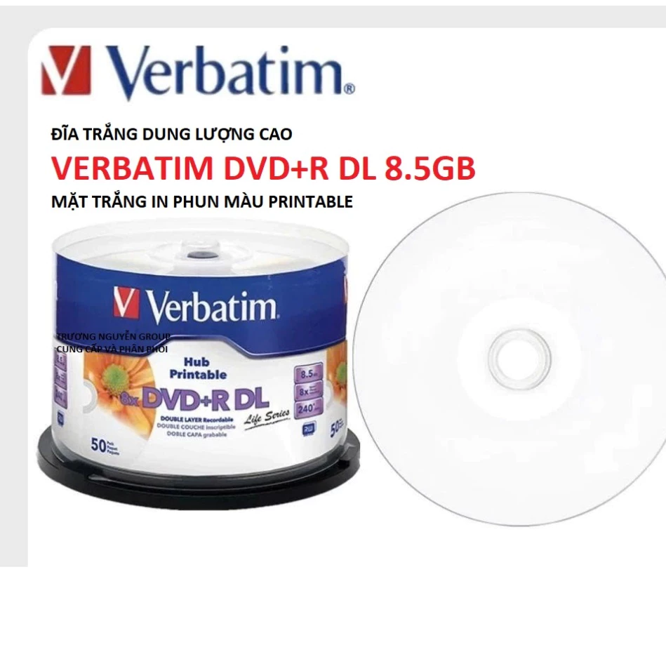 Bộ Đĩa Trắng Dvd+R DL 8.5Gb Mặt trắng in phun mực màu Printable Taiwan VERBATIM