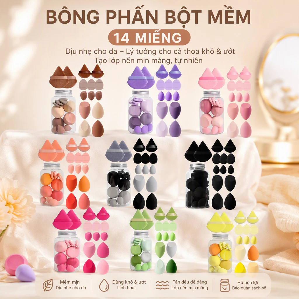 Lọ 14 Mút Trang Điểm Kem Nền, Má Hồng Hộp 14 Mút Trang Điểm Chuyên Nghiệp