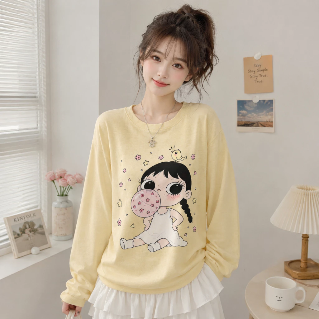 Áo dài tay thu đông nữ in hình CÔ GÁI siêu CUTE. Áo thun thu đông nữ chất cotton giấy HÀN siêu đẹp