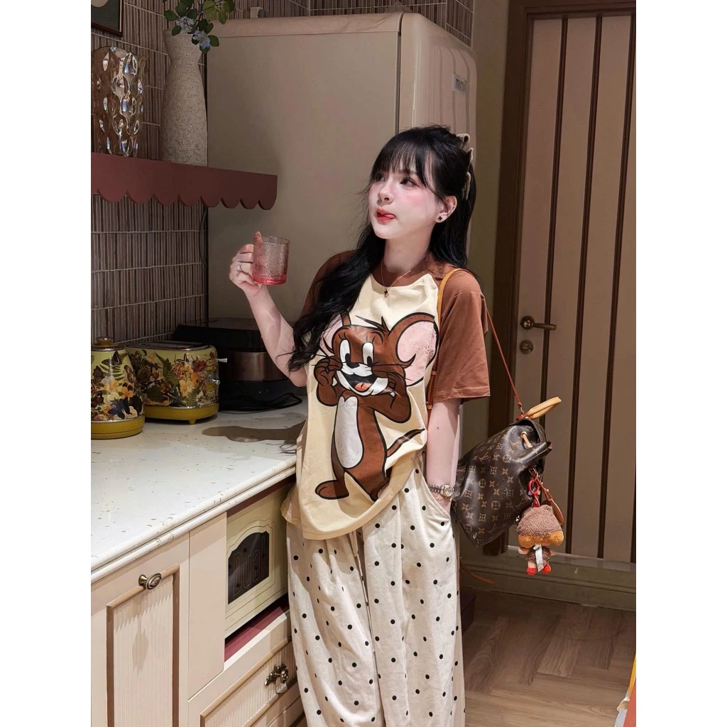 Áo thun nữ tay phối in hình CHUỘT JELLY siêu XINH. Áo phông nữ chất cotton cao cấp 2026