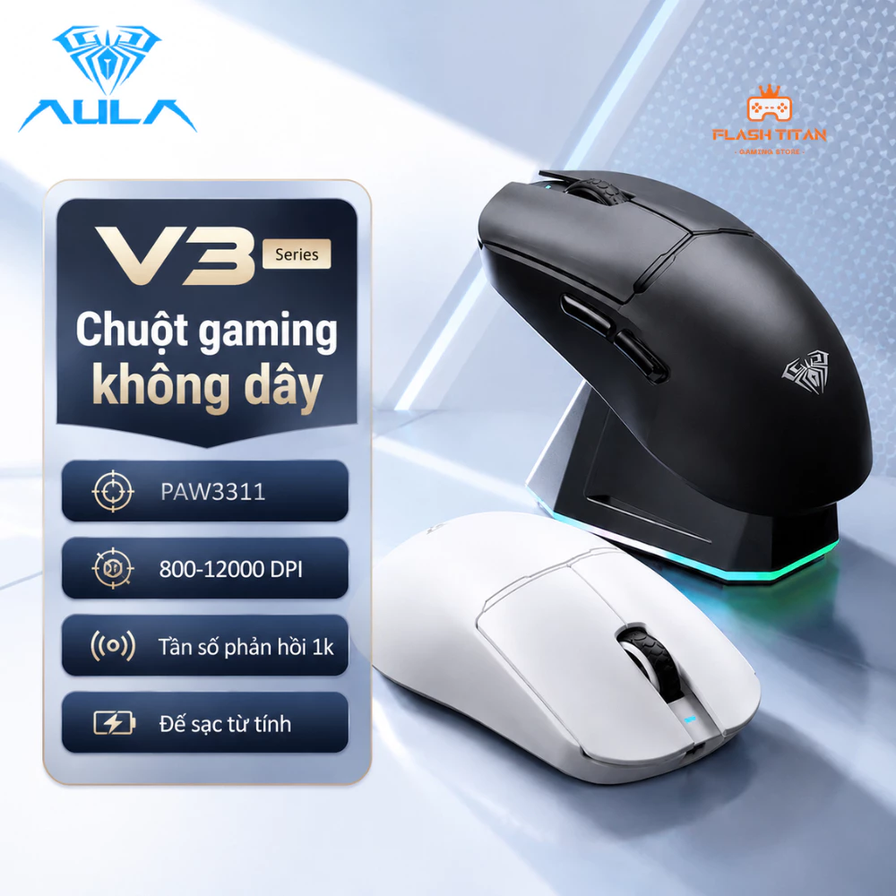 Chuột không dây AULA V3 | V3 SE - Kèm dock sạc - 3 mode kết nối - Mắt đọc PAW3311 - Phù hợp chơi game, văn phòng