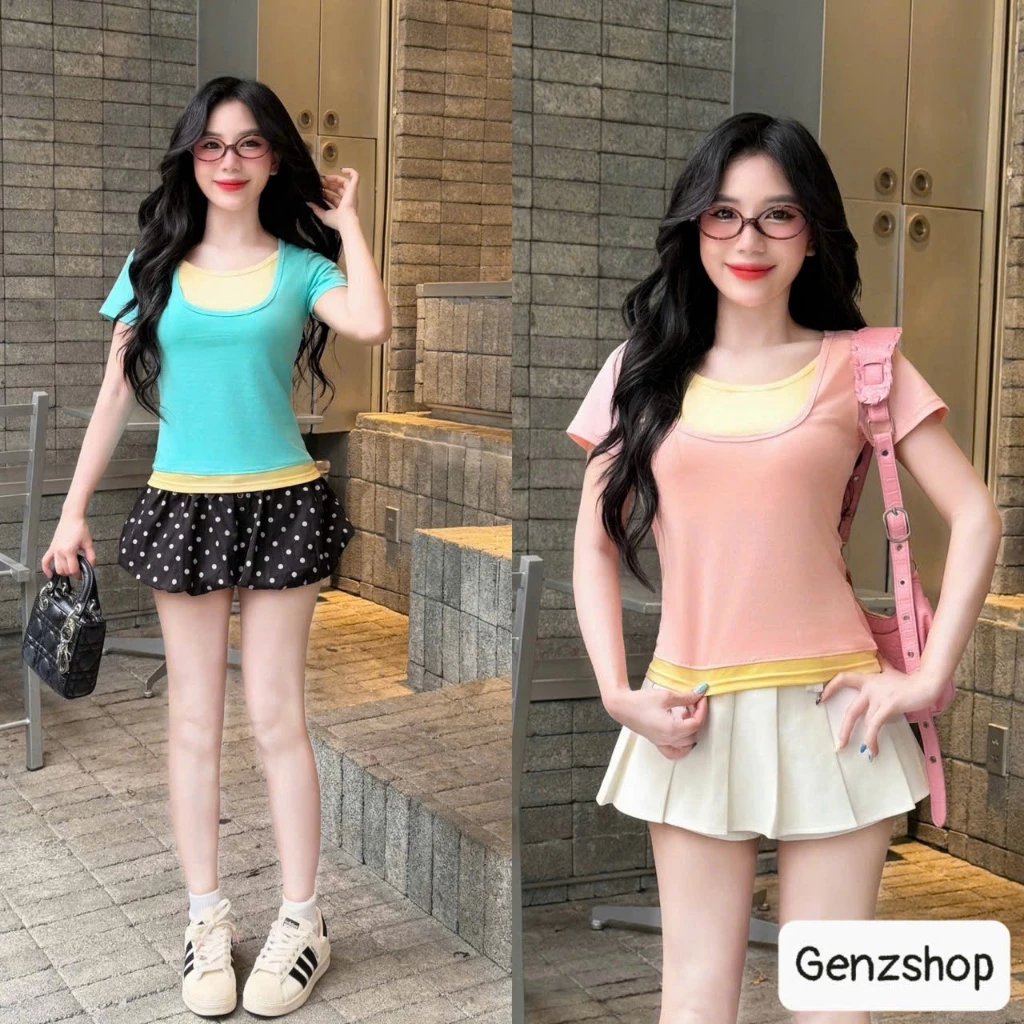 [GENZ.27] Áo Ôm Phối LAYER POP  Ôm Body Cổ Rộng Cotton 4C Tôn Dáng