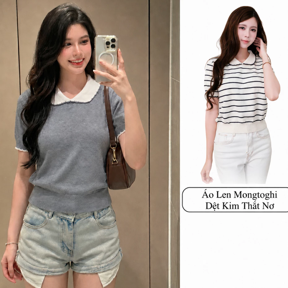 Áo Len Dệt Kim Nữ Cổ Polo Tay Ngắn Thanh Lịch LN75, Áo Len Mỏng Co Giãn Thời Trang Dễ Phối Đồ
